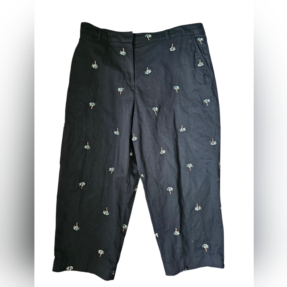 BRIGGS NEW YORK Embroidered Palm Tree Pattern Black Cropped Pants | SZ 16W